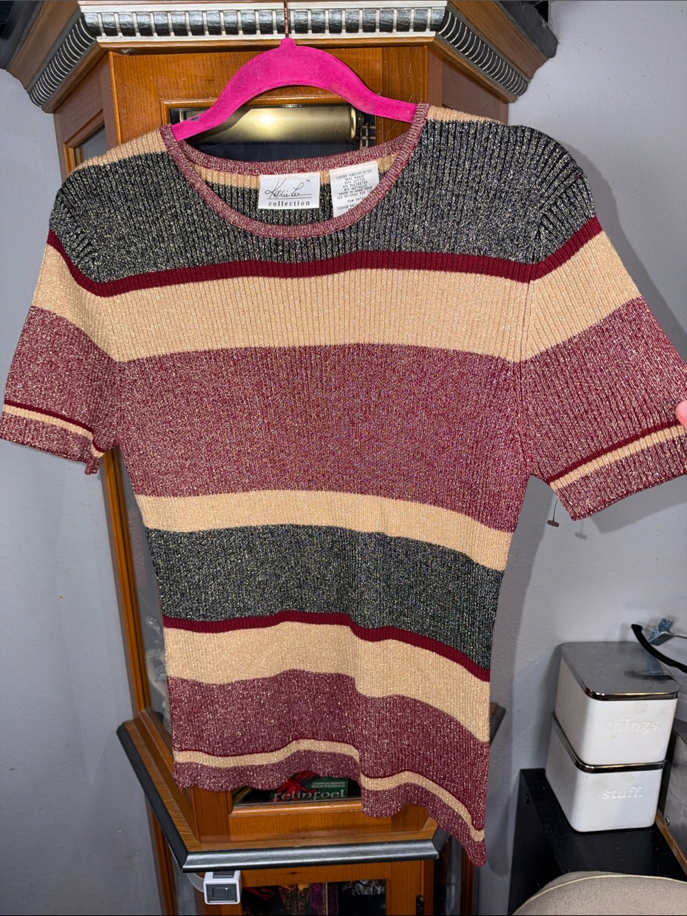 Kathie Lee Collection Ribbed Crewneck Sweater - Maroon, Cream, Gray
